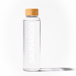 Saunabodi Glass Water Bottle with Bamboo Lid – 16oz / 475mL